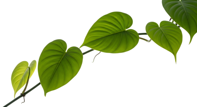 Green heart shaped leaves on vine isolated on a transparent background