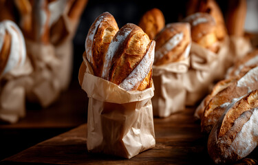 Creative food template. Row of freshly baked loaf of golden brown Baguette bread bun packed into brown paper package on wooden board, sunlight shining. copy text space