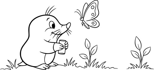 Fototapeta premium a cute mole watching a butterfly, simple line drawing, clear outlines, single line width, no fill color, black and white