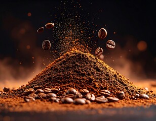 Coffee beans and powder with dramatic motion blur