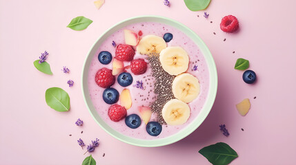 Smoothie bowl with banana, berries, chia seeds, flat style in lavender tones, top-down minimal design for health food branding.