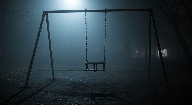 Eerie Swing in Foggy Park Evokes Feelings of Isolation and Fear