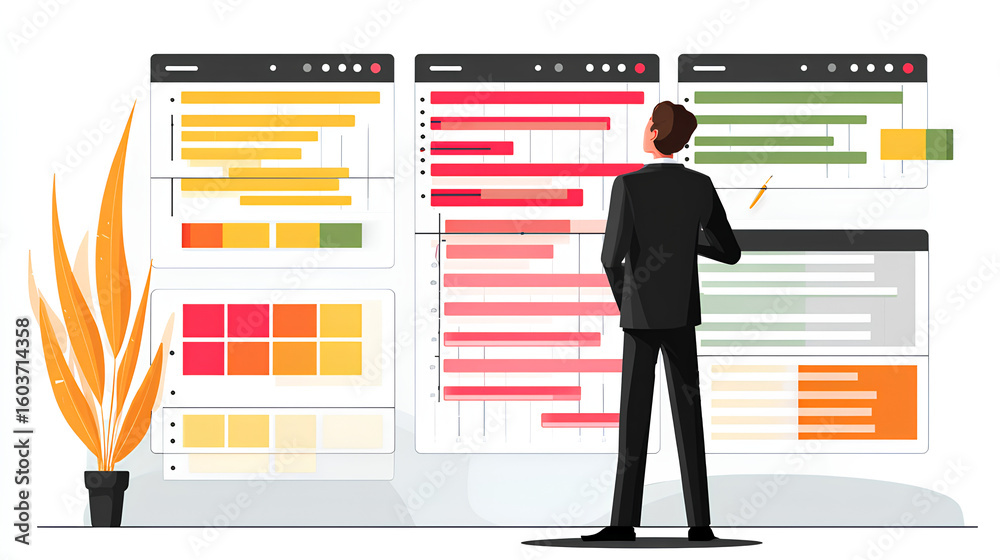 Poster project management and workflow scheduling interface. a business professional analyzing gantt charts