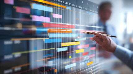 Project management and workflow scheduling interface. A business professional analyzing Gantt charts, tracking progress, and managing task execution through a digital strategy dashboard.