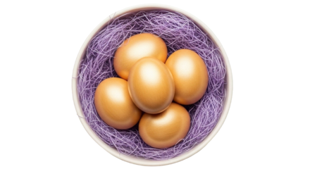 Five golden eggs in a purple nest inside a white bowl isolated on transparent background