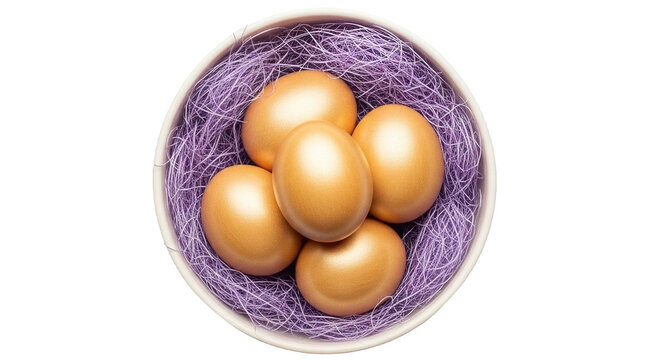 Five golden eggs in a purple nest inside a white bowl isolated on transparent background