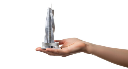 hand holding modern building model on transparent background PNG file