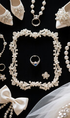 wedding rings and other wedding accessories form a frame with a black background