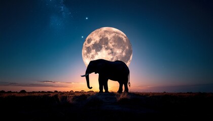 Elephant Silhouette Under Moonlit Sky