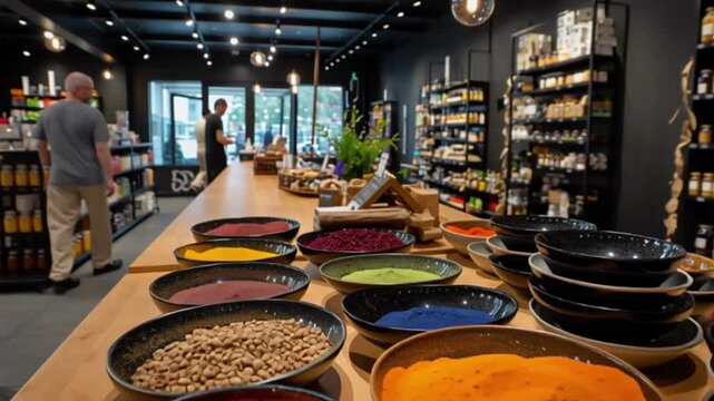 Spices displayed in colorful bowls shop interior