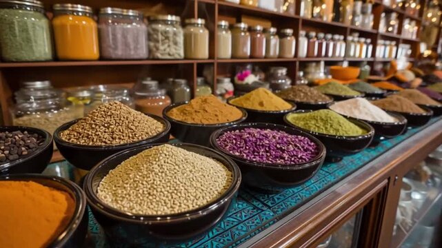 Spices displayed in bowls at market stall