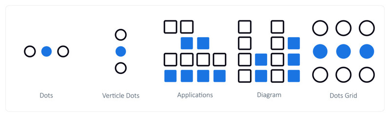 A set of 5 mix icons as dots, vertical dots, applications