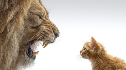 Obraz premium A tiny kitten confronts a powerful lion in a bold minimalist scene symbolizing strength determination and inner bravery.