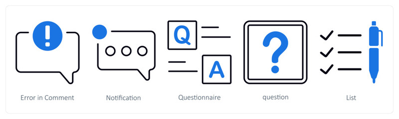 A set of 5 mix icons as error in comment, notification, questionnaire