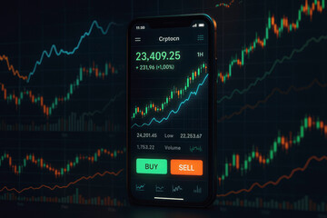 Glowing financial trading interface on smartphone displaying cryptocurrency charts