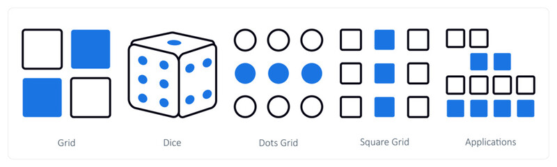 A set of 5 mix icons as grid, dice, dots grid