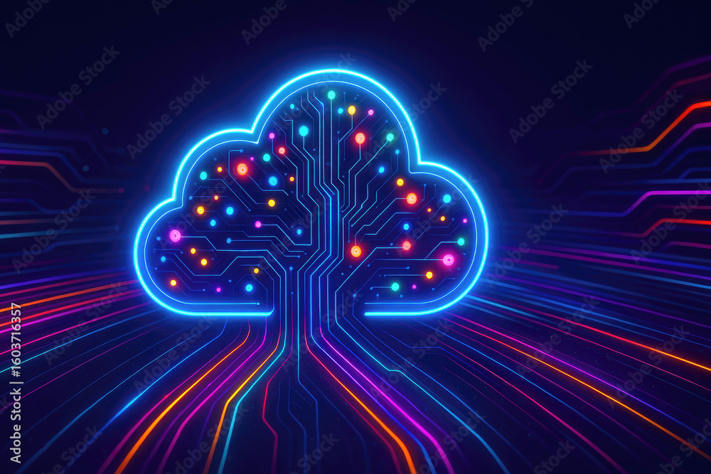 Poster glowing neon cloud circuit board with colorful data streams cloud computing technology