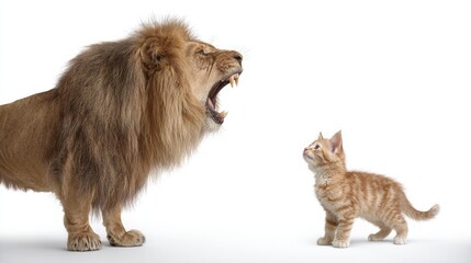 Obraz premium A tiny kitten confronts a powerful lion in a bold minimalist scene symbolizing strength determination and inner bravery.