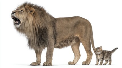 Obraz premium A tiny kitten confronts a powerful lion in a bold minimalist scene symbolizing strength determination and inner bravery.