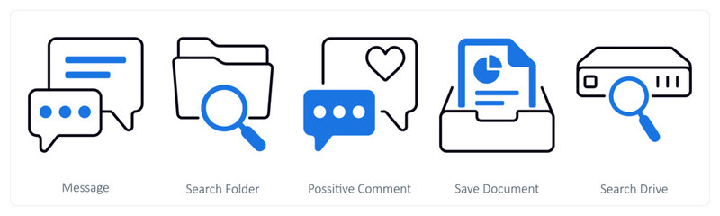 Obraz premium A set of 5 mix icons as message, search folder, positive comment