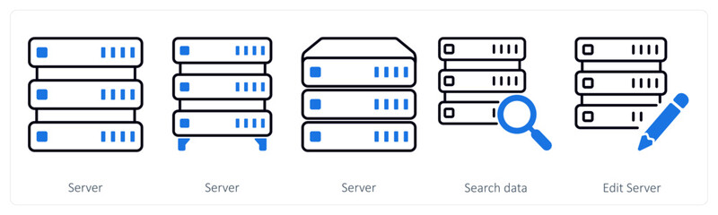 A set of 5 mix icons as server, search data, edit server