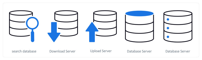 A set of 5 mix icons as search database, download server, upload server