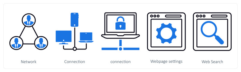 A set of 5 mix icons as network, connection, webpage settings