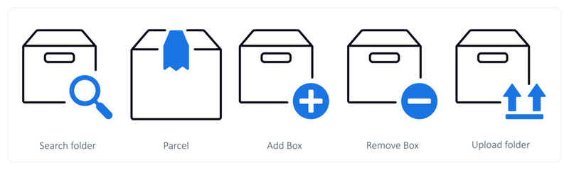 A set of 5 mix icons as search folder, parcel, add box