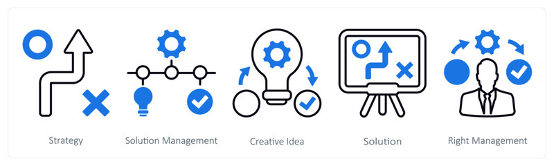 A set of 5 mix icons as strategy, solution management, creative idea