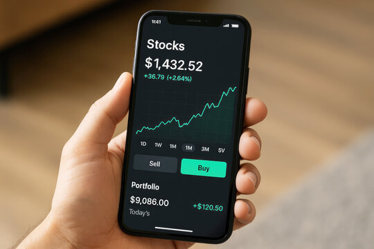 Hand holding smartphone displaying stock market graph and portfolio mobile phone