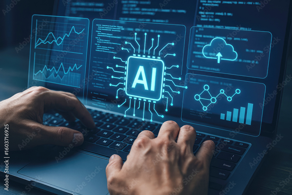 Poster hands typing on laptop displaying artificial intelligence data visualization technology