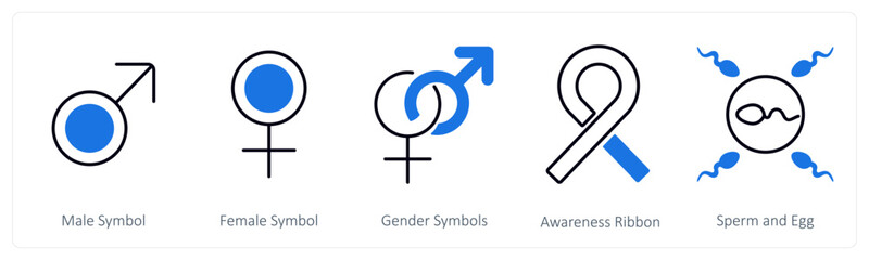 A set of 5 mix icons as male symbol, female symbol, gender symbol