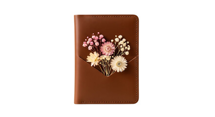brown leather passport holder with flowers on transparent background PNG file