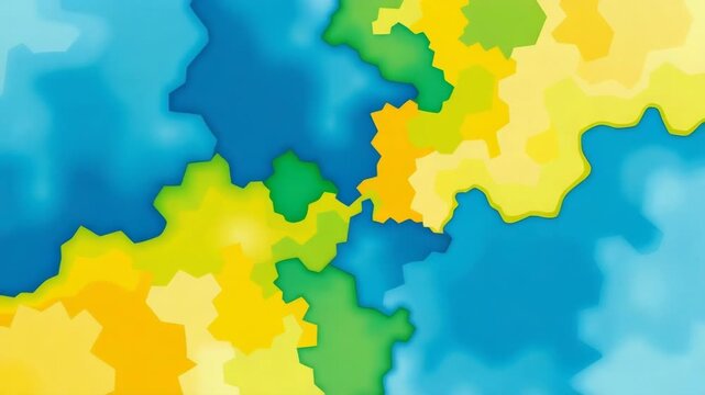 An abstract background featuring a colorful geometric pattern of interlocking shapes in blue, green, yellow, and orange