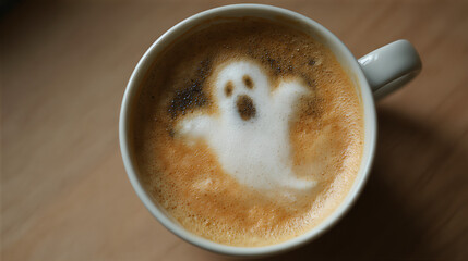 Latte with Cute Ghost Face in Milk Foam for Halloween Theme. 
