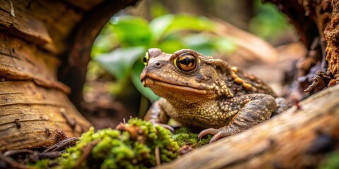 Obraz premium A Curious Amphibian Peeking from its Wooden Lair, Surrounded by Lush Green Moss