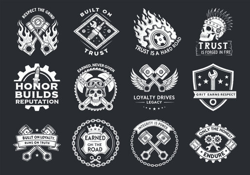 Industrial emblem set with skull, piston, wrench, flames, and bold typography featuring themes of honor, trust, loyalty, strength, and grit for mechanic branding