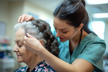 Fototapeta premium Nurse styling the hair of her senior woman client, focusing on personal care and grooming in healthcare settings, Generative AI