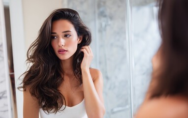 Beautiful young woman examining her face in the mirror with a concerned expression