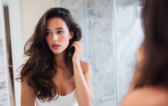 Beautiful young woman examining her face in the mirror with a concerned expression
