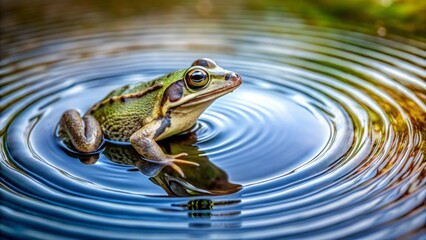 A serene amphibian, a speckled frog, sits calmly on a tranquil pond's surface, its reflection mirrored in the concentric ripples it creates.