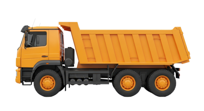 Heavy-duty orange dump truck side view isolated PNG with Transparent Background