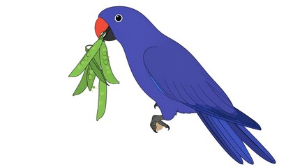A vivid blue parrot holding green peas