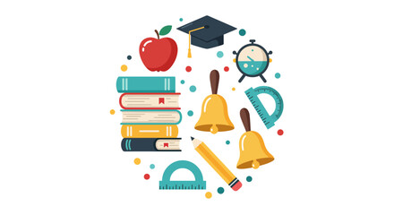 Naklejka premium Colorful School Supplies and Academic Symbols Arranged in a Circle.