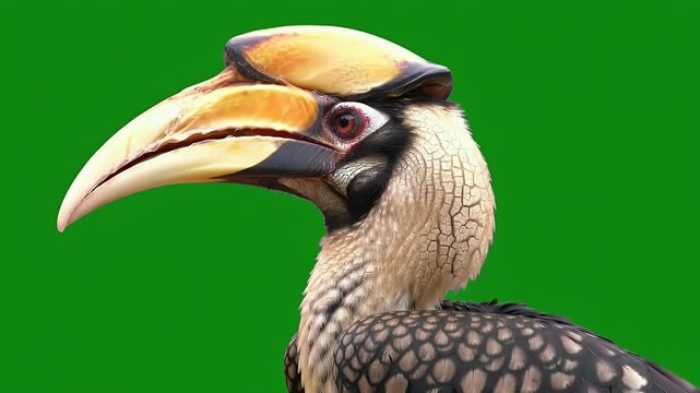Close-up profile of a majestic hornbill bird with a large yellow casque and beak against a vibrant green background