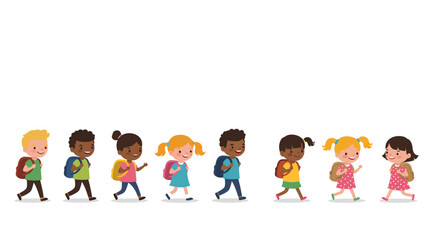 Diverse group of cartoon children walking with backpacks ready for school.