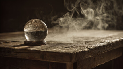 A charming crystal ball rests elegantly on a rustic table, enveloped in swirling mist, symbolizing mystery and the search for understanding the unknown. 