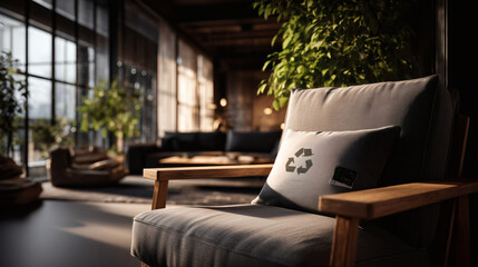 A beautiful piece of upcycled furniture.	A stylish and modern armchair is shown, with a small tag indicating that its beautiful fabric is made from 100% recycled materials.
