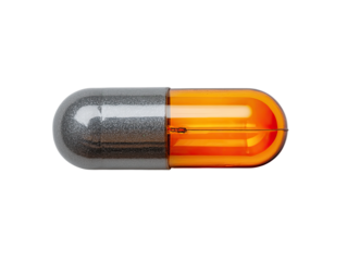A?3D?rendered?capsule?pill?with?a?grey?and?orange?design