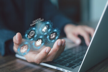 Online marketing, E-business, Business online concept. Hand shows the sign and icon of Digital marketing internet advertising. Business and technology background.